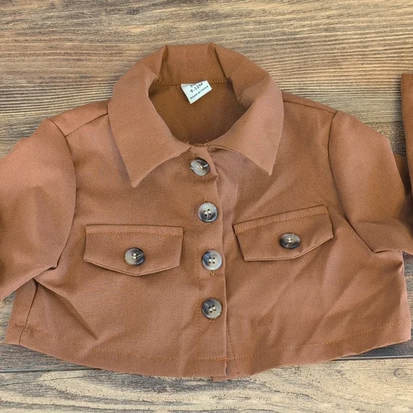 SHEIN Girls Brown Cropped Button Shirt 9-12MOS        AB139 - Picture 2 of 5